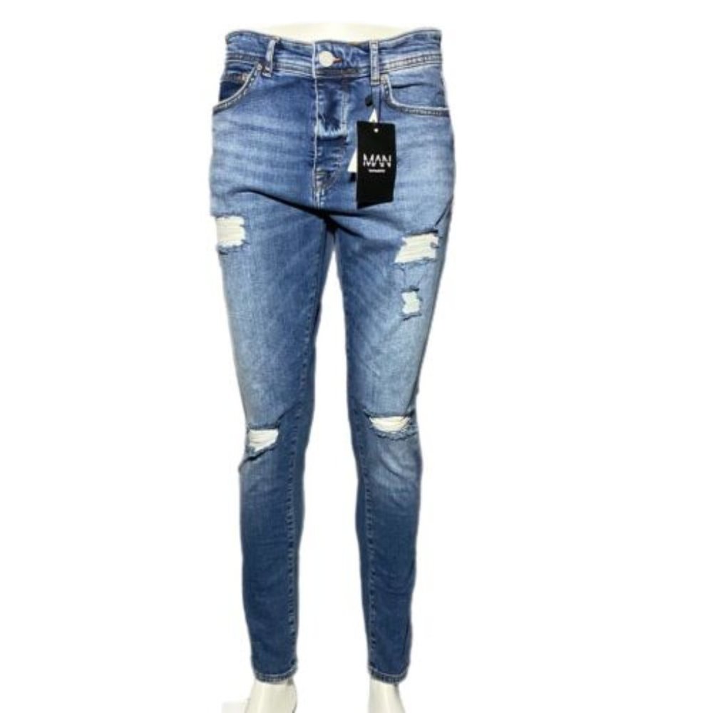 Boohoo MAN Super Skinny Jeans Multi Rip Vintage Blue - Picture 1 of 3